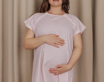 Camice da ospedale rosa a pois, camicia da notte per allattamento, abito in cotone per allattamento, regalo per la neomamma