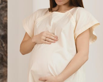 Long creme hospital gown, cozy cotton nursing dress, maternity wear, pregnancy gift