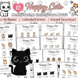 ハッピーキャッツ貯金チャレンジ | 毎月 | 貯金トラッカー | デジタルダウンロード（A6サイズ印刷可能） | 貯金と予算トラッカー