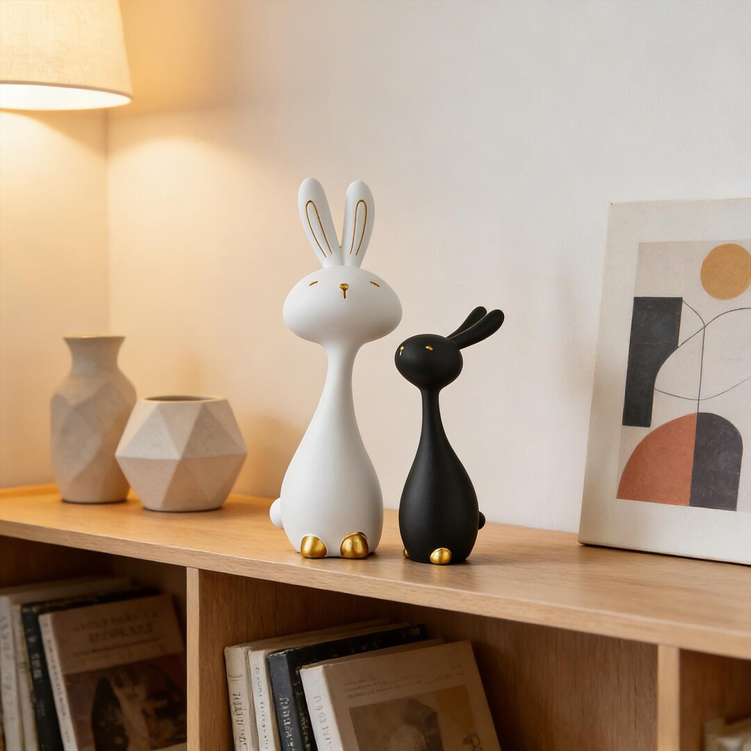 Modern Black White Resin Rabbit Sculpture, Abstract Animal Statue ...