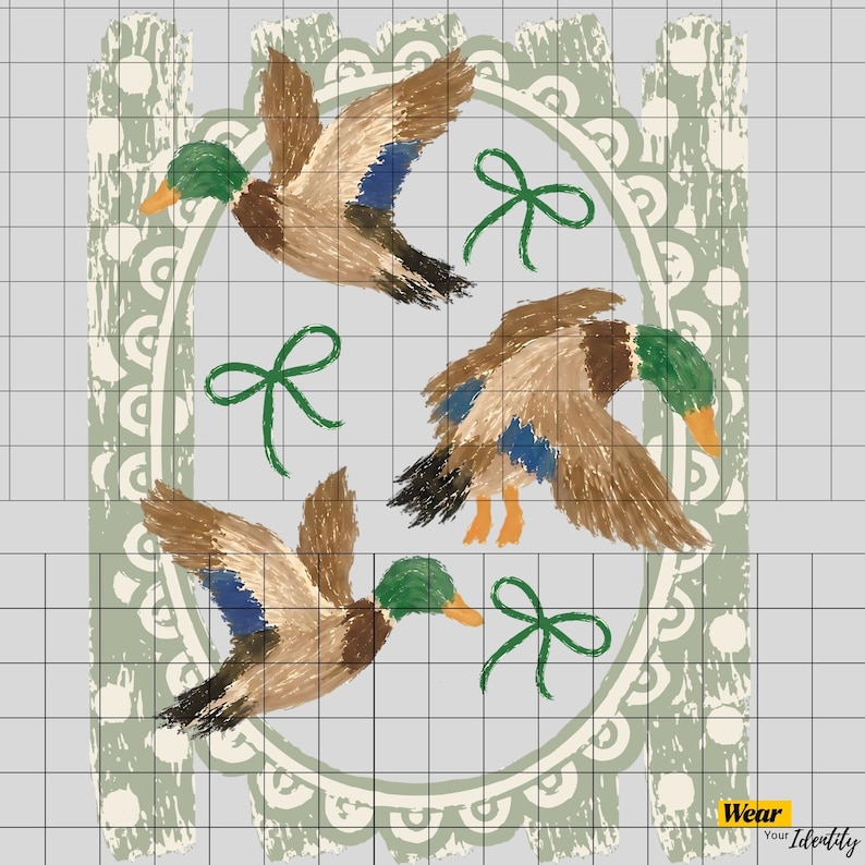 May include: A graphic design featuring three mallard ducks in flight with brown, green, and blue plumage. The ducks are arranged around three green hand-drawn bows against a light gray background with a decorative sage green oval border. Text reads Wear Your Identity.