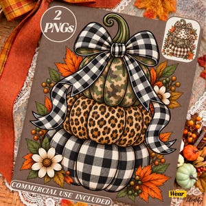 May include: A digital illustration of three stacked pumpkins featuring a camouflage pattern, a leopard print, and a black and white buffalo check pattern, topped with a large black and white gingham bow, surrounded by autumn leaves and flowers.