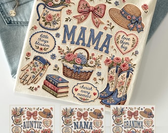 Mama Grandma Nana Auntie PNG Bundle, Cottagecore Floral Mama Png Bundle, Faux embroidery Design sublimation, trending Mother's Day png
