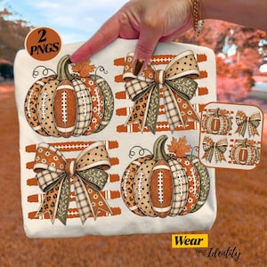 May include: A digital design sheet featuring two pumpkins and two bows with football, leopard print, plaid, and floral patterns in orange, brown, and cream colors. The text 2 PNGS appears in a circle, and Wear Your Identity is at the bottom.