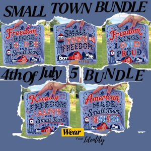 Könnte beinhalten: Ein Bündel aus fünf hellblauen T-Shirts mit patriotischen Grafikdesigns in Rot, Weiß und Blau, darunter Schriftzüge wie Freedom Rings Louder In A Small Town, Small Town Freedom, Where Freedom Rings Loud And Proud und American Made.