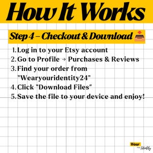 May include: An instructional graphic titled How It Works, Step 4 - Checkout & Download. It lists five steps: log in to your Etsy account, go to Profile, Purchases & Reviews, find your order from Wearyouridentity24, click Download Files, and save.