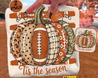 May include: A white fabric square featuring a large pumpkin graphic composed of segments with leopard print, polka dots, football texture, plaid, floral, and vine patterns. The text "Tis the season" is printed in orange below the pumpkin.