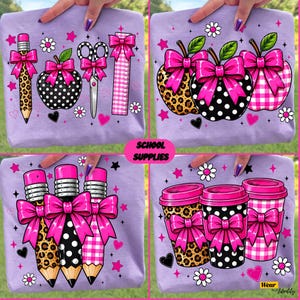 May include: A light purple t-shirt featuring four distinct graphic designs. The prints include school supplies like pencils, scissors, rulers, apples, and coffee cups, all decorated with bright pink bows, leopard print, polka dots, and gingham patterns.