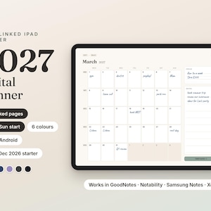 May include: A digital planner for 2027 displayed on a tablet screen, featuring a March calendar view with handwritten notes, 466 hyperlinked pages, and compatibility with iPad and Android devices. The interface includes monthly tabs and a notes section.