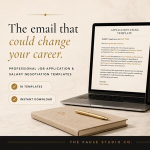 May include: A laptop and tablet displaying job application email templates, accompanied by a gold pen and a notebook. Text on screen reads: The email that could change your career, Application Email Template, and Job Application email templates.