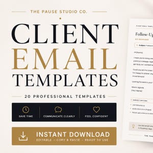 Op de afbeelding: Promotieafbeelding voor klant e-mailsjablonen. De tekst "Client Email Templates" is in zwart en goud. De afbeelding bevat de tekst "20 Professional Templates" en pictogrammen voor tijdbesparing, duidelijke communicatie en zelfvertrouwen. "Direct downloaden" is ook zichtbaar.