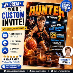 Può includere: Invito di compleanno personalizzato a tema basket, con un ragazzo che palleggia. Include il testo "Hunter compie 7 anni" e i dettagli dell'evento. Il design promette un invito personalizzato di alta qualità.