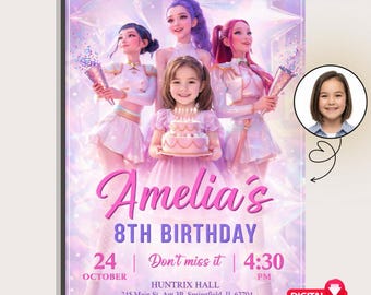 Invitación de cumpleaños estilo Kpop con foto, invitación personalizada para fiesta de niña (descarga digital)