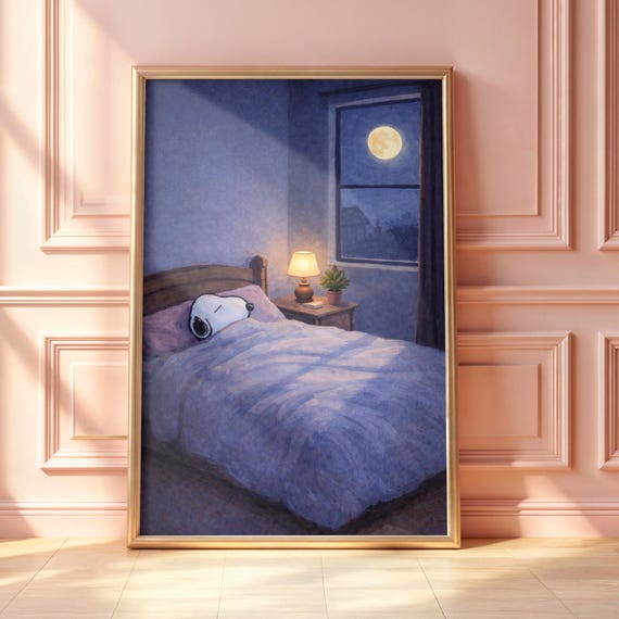 Snoopy Sleeping Under Moonlight Wall Art, Cozy Night Bedroom Decor, Dreamy Blue Aesthetic Dog Print, Whimsical Moon Illustration