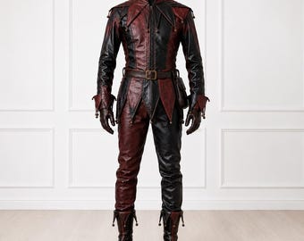 Handmade Leather Jester Costume, Men Renaissance Faire Outfit, Burgundy Black Genuine Leather Doublet, Medieval joker Halloween Cosplay