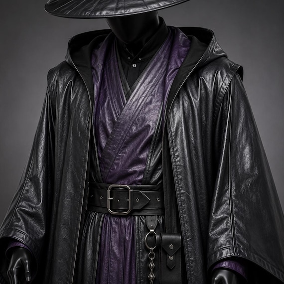 Leather Wizard Costume Men, Halloween Dark Mage Robe With Hood