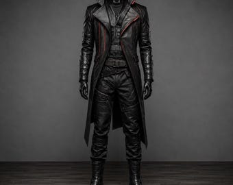 May include: A black leather coat and pants outfit displayed on a mannequin. The long coat features red trim and a belt. The outfit includes gloves and boots, creating a complete, dark ensemble. The overall style is gothic or cyberpunk.