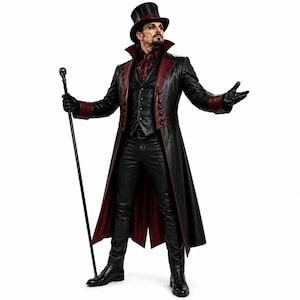 May include: A black leather long coat with deep red lapels and cuffs, a matching black leather vest, black trousers, and a black top hat with a red band. The ensemble includes a black cravat, black gloves, black shoes, and a black walking cane.