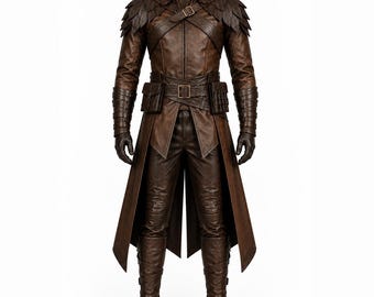 May include: A brown leather-look hooded coat featuring layered shoulder panels, a front zipper, and a waist belt with two attached utility pouches. The ensemble includes matching brown trousers, forearm bracers, and tall boots with buckle straps.