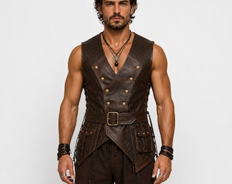 Chaleco de cuero pirata para hombre, chaleco de disfraz de pirata renacentista marrón, chaleco pirata hecho a mano, atuendo para LARP, cuero medieval