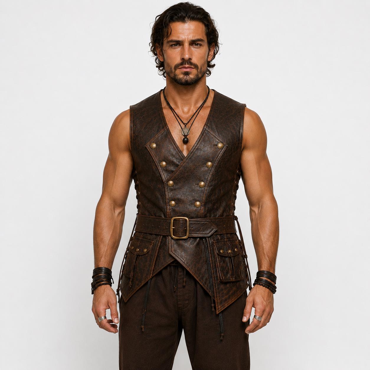 Men's Pirate Leather Vest, Brown Renaissance Pirate Costume Waistcoat, Handmade Pirate Waistcoat, LARP Outfit, Medieval Leather