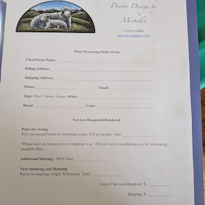 May include: A Fiber Processing Order Form with the text "Divine Design by Michelle." The form includes fields for client information, fiber type, and services like roving and yarn spinning. A graphic of sheep in a field is at the top.