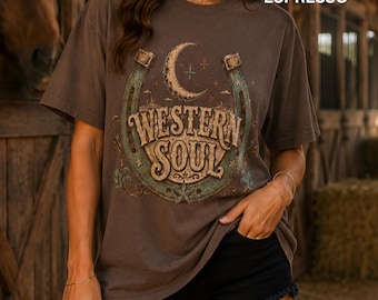 Camiseta Western Soul, Camiseta de vaquera, Camiseta con estampado western, Camiseta de chica campestre, Conjunto de rodeo, Colores cómodos