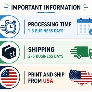 May include: Graphic with the text "IMPORTANT INFORMATION". It includes icons of a clock, calendar, box, and a truck. The text indicates processing time, shipping time, and that the product is printed and shipped from the USA.