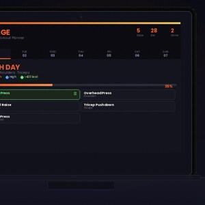 May include: A laptop screen displays a workout planner interface with the word "FORGE" at the top. The interface shows a "PUSH DAY" workout with exercises like Bench Press and Overhead Press. A water bottle is visible on the right.