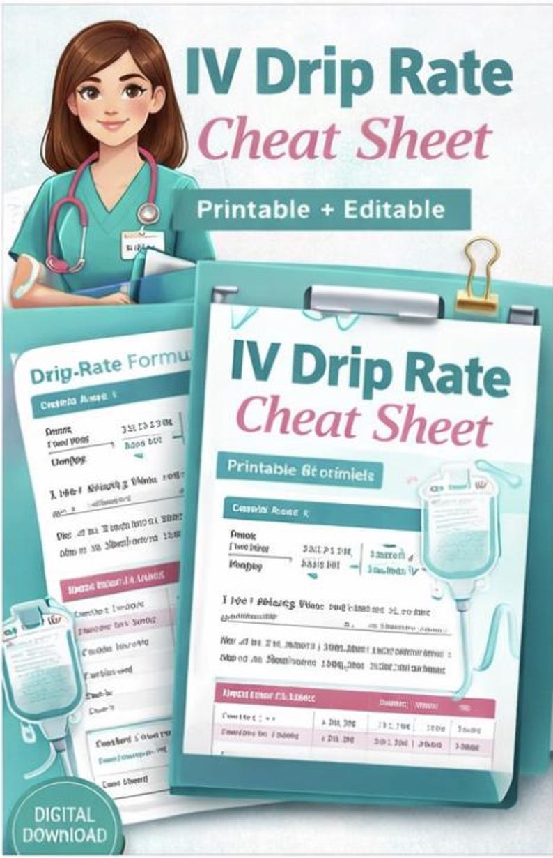 IV Drip Rate Calculation Cheat Sheet, Nursing Math Reference (instant ...