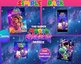 Super Mario Galaxy Birthday Party Bundle | Invites, thank you card & favor tag | Editable with Canva, digital download
