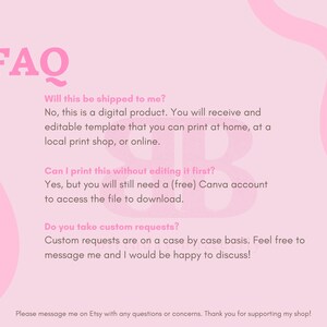 K&ouml;nnte beinhalten: Ein rosa FAQ-Blatt mit dem Wort "FAQ" in gro&szlig;en rosa Buchstaben. Das Blatt beantwortet Fragen zu digitalen Produkten, einschlie&szlig;lich Druck und Sonderw&uuml;nschen. Der Hintergrund ist hellrosa mit abstrakten rosa Formen.