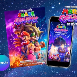 May include: A vibrant invitation for a birthday party featuring characters from "The Super Mario Galaxy Movie." The design includes the text "The Super Shane Galaxy Birthday Party" and the date and time. A smartphone displays a similar design.
