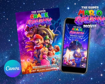 Invitaciones para fiesta de cumpleaños de Super Mario Galaxy / Versión imprimible y móvil / Editable con Canva, descarga digital