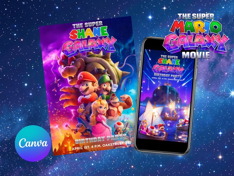 May include: A vibrant invitation for a birthday party featuring characters from "The Super Mario Galaxy Movie." The design includes the text "The Super Shane Galaxy Birthday Party" and the date and time. A smartphone displays a similar design.