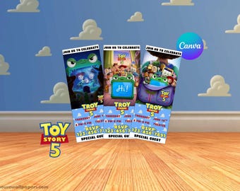 Toy Story 5-uitnodigingen | Uitnodigingen voor theaterkaartjes | Toy Story 5 verjaardagsfeestje | Bewerkbare uitnodigingen voor kinderen | Woody and Buzz-uitnodigingen