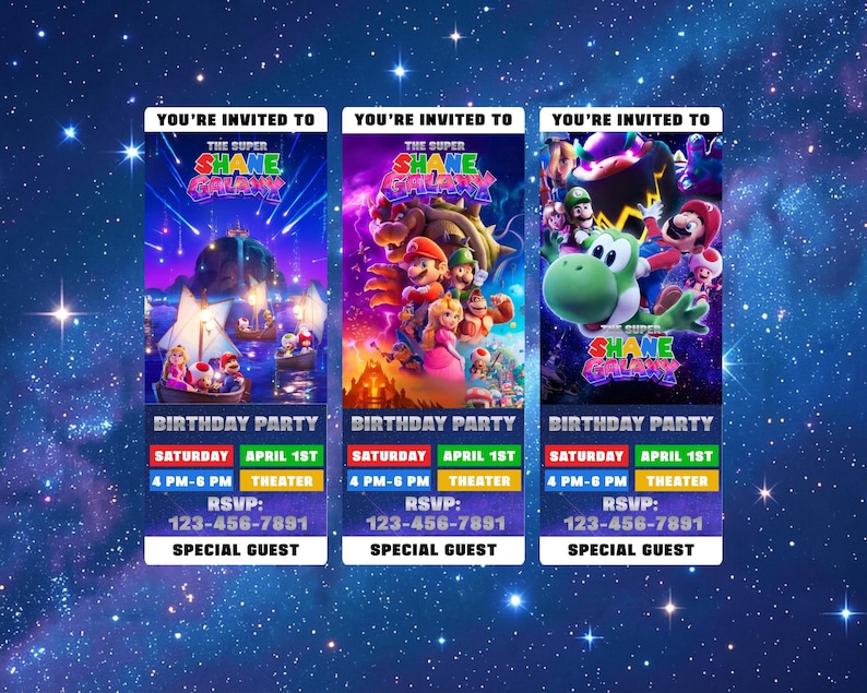 Op de afbeelding: Drie verticale uitnodigingen met een ruimtethema. Elke uitnodiging bevat de tekst "You're Invited To The Super Shane Galaxy Birthday Party" met verschillende karakterillustraties. De uitnodigingen bevatten de datum, tijd, locatie, RSVP en een speciale gastensectie.