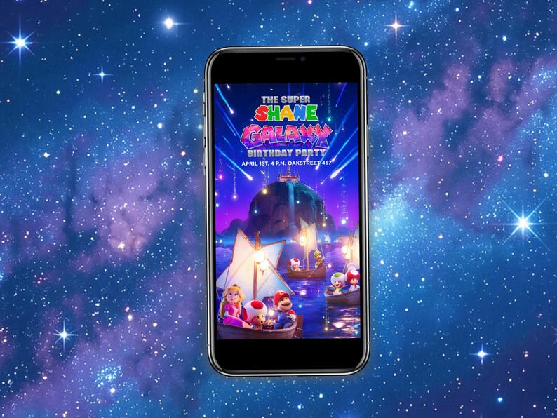May include: A smartphone displays a colorful birthday party invitation. The invitation reads "The Super Shane Galaxy Birthday Party" with a vibrant illustration of characters in boats on water under a starry sky. The date and time are also included.