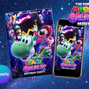 K&ouml;nnte beinhalten: Eine farbenfrohe Einladung und ein Smartphone-Display mit Charakteren aus "The Super Mario Galaxy Movie". Die Einladung und der Telefonbildschirm zeigen Mario, Yoshi und andere Charaktere. Auf der Einladung steht "Shane Galaxy Birthday Party".