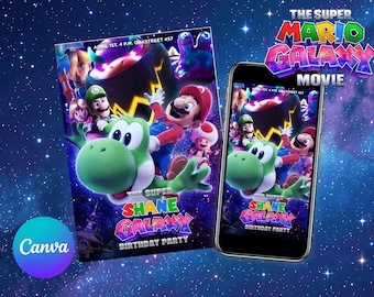 Invitaciones para fiesta de cumpleaños de Super Mario Galaxy: imprimibles y móviles, editables en Canva, descarga digital