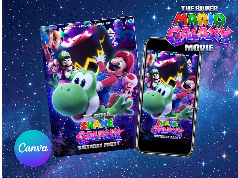 K&ouml;nnte beinhalten: Eine farbenfrohe Einladung und ein Smartphone-Display mit Charakteren aus "The Super Mario Galaxy Movie". Die Einladung und der Telefonbildschirm zeigen Mario, Yoshi und andere Charaktere. Auf der Einladung steht "Shane Galaxy Birthday Party".
