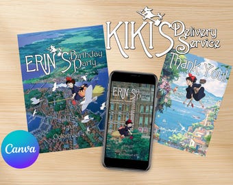 Kiki's Delivery Service Birthday Party Pack | Invites & Thank you card | Studio Ghilbi themed Birthday | Editable with Canva