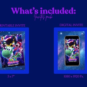 K&ouml;nnte beinhalten: Dunkelblaue Grafik mit einer druckbaren und digitalen Einladung. Die druckbare Einladung ist 12,7 x 17,78 cm gro&szlig; und die digitale Einladung hat 1080 x 1920 Pixel. Die Einladungen zeigen Charaktere aus dem Spiel Super Mario Galaxy.