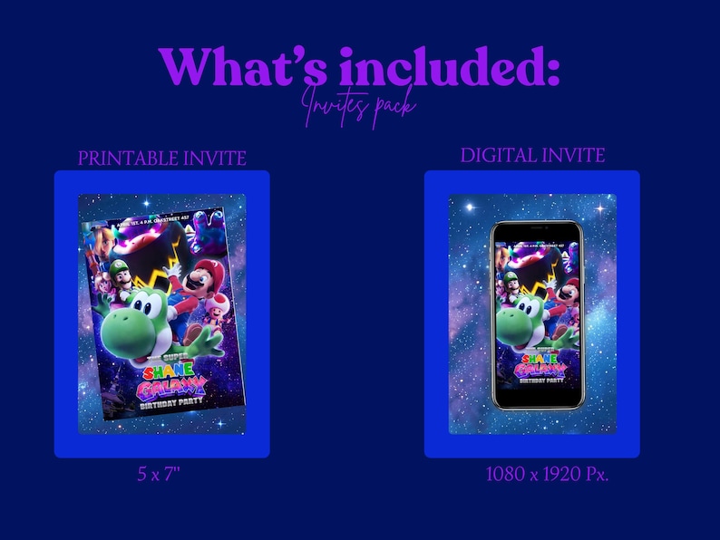 K&ouml;nnte beinhalten: Dunkelblaue Grafik mit einer druckbaren und digitalen Einladung. Die druckbare Einladung ist 12,7 x 17,78 cm gro&szlig; und die digitale Einladung hat 1080 x 1920 Pixel. Die Einladungen zeigen Charaktere aus dem Spiel Super Mario Galaxy.