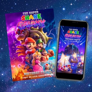 May include: A vibrant invitation for a birthday party with the theme "The Super Shane Galaxy." The design features colorful graphics of characters, the text "The Super Shane Galaxy" and the date and time of the party.