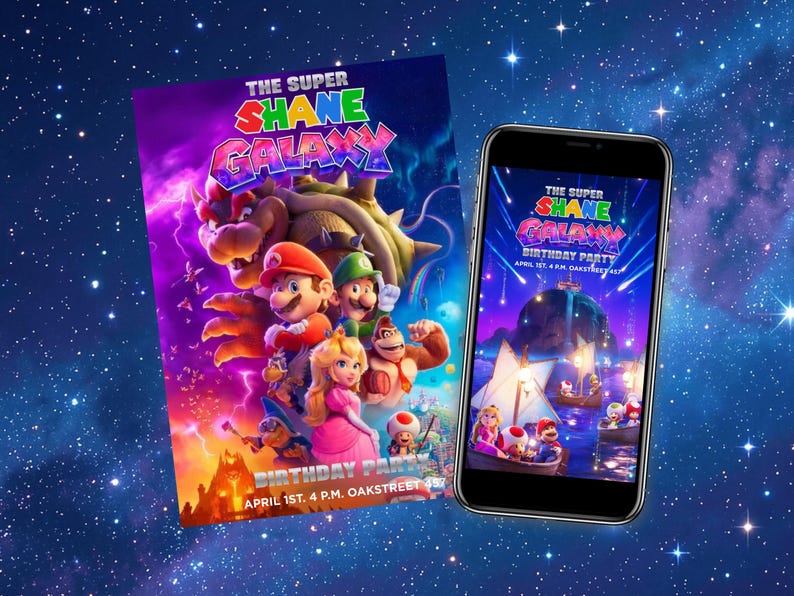May include: A vibrant invitation for a birthday party with the theme "The Super Shane Galaxy." The design features colorful graphics of characters, the text "The Super Shane Galaxy" and the date and time of the party.