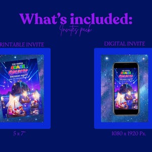 Puede incluir: Gr&aacute;fico azul oscuro con el texto "What's included: Invites pack". Muestra una invitaci&oacute;n imprimible (12,7 x 17,8 cm) y una invitaci&oacute;n digital (1080 x 1920 Px) con un dise&ntilde;o colorido con el texto "The Super Shane Galaxy Birthday Party".