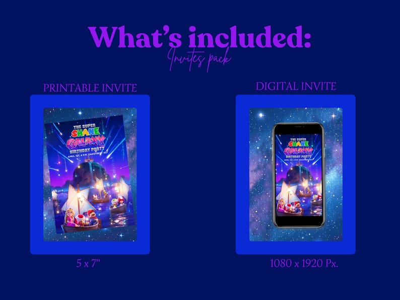 Puede incluir: Gr&aacute;fico azul oscuro con el texto "What's included: Invites pack". Muestra una invitaci&oacute;n imprimible (12,7 x 17,8 cm) y una invitaci&oacute;n digital (1080 x 1920 Px) con un dise&ntilde;o colorido con el texto "The Super Shane Galaxy Birthday Party".