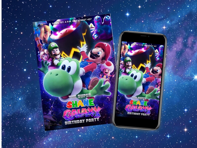 K&ouml;nnte beinhalten: Eine Geburtstagseinladung und ein Smartphone, das das gleiche Design anzeigt. Das Design zeigt Charaktere aus einem Videospiel, darunter ein gr&uuml;ner Dinosaurier, Mario und Toad. Die Einladung lautet "SHANE GALAXY BIRTHDAY PARTY". Der Hintergrund ist eine Sternengalaxie.