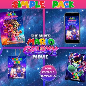 Super Mario Galaxy Birthday Party Bundle | Invites, thank you card & favor tag | Editable with Canva, digital download image 1